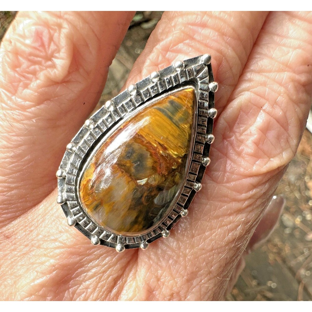 Large Pear Pietersite 925 Sterling Silver Statement Ring Size 7 Ornate Bezel